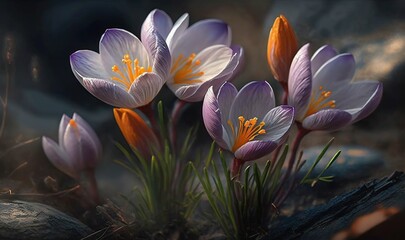  a group of purple and orange flowers sitting on top of a rock.  generative ai