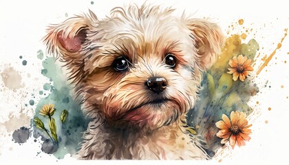 Dogs in watercolor. Illustration of cute dog in watercolor with flowers and plants. Romantic images of dogs in watercolor with pastel tones, very colorful and romantic. Generated by AI.
