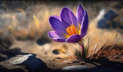  a purple flower with a yellow center in a rocky area.  generative ai
