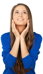 Young Woman Smiling and Standing with Hands on Face - Isolated