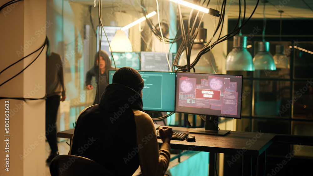 Poster happy thief successfully breaking network system on computer, doing hacking, cyberwarfare and espion