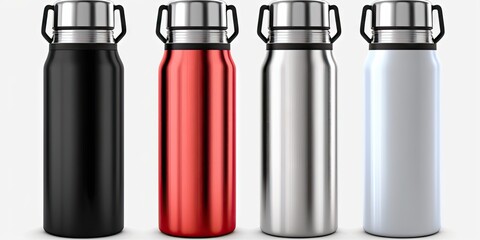 white black red and silver empty glossy metal thermos water bottle isolated on white, generative ai