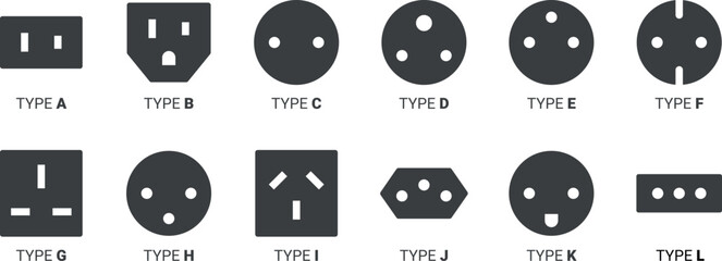 Power Sockets Type – Icons Set - Solid - obrazy, fototapety, plakaty