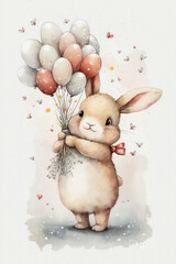 Cute bunny rabbit holding a bouquet of balloons, in the style of watercolour, generative ai