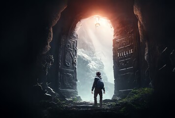 person exiting the cave, pathway doorway to salvation, generative AI
