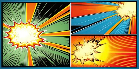 comic book action layout background with power fx/ illustration of a powerful comics like page layout background with halftone dots and dynamic action speed effects, generative ai