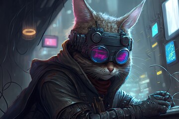cyberpunk cat hacker googles anime style, generative ai