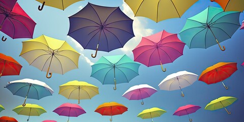 flying colorful umbrellas, generative ai