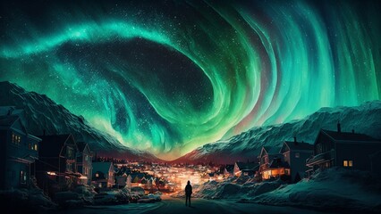 Aurora Borealis over a city: Generative AI