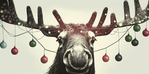 moose with christmas lights and bulbs hanging from antlers, generative ai