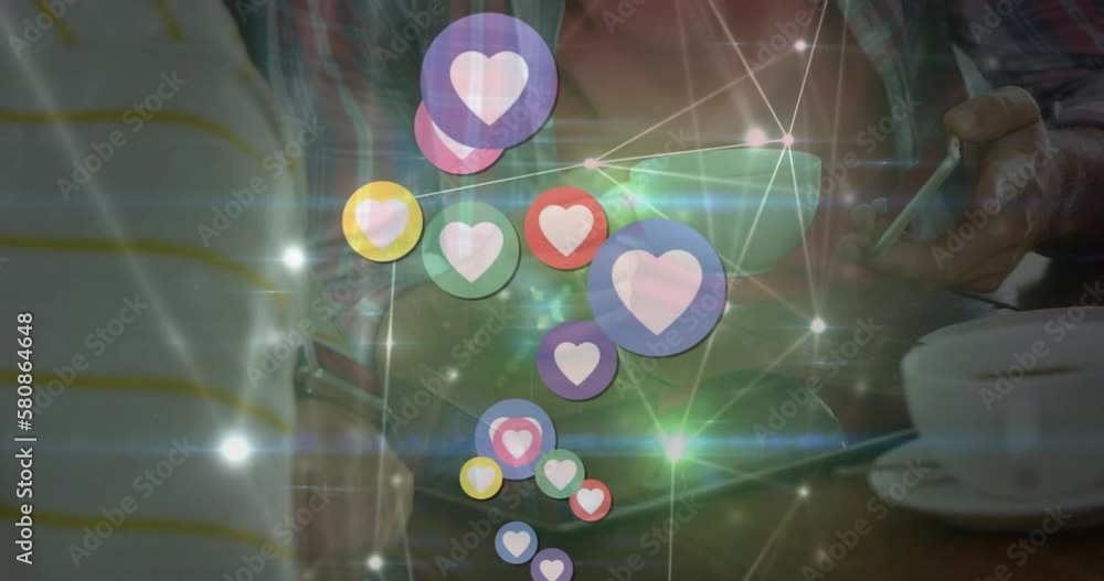 Poster animation of heart icons and network of connections over biracial man using a smartphone at a cafe