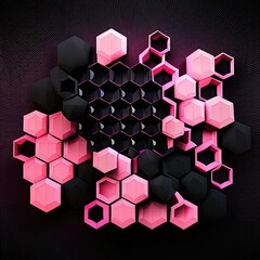 Hexogonal pink cells, pink and black, symetry, abstraction background