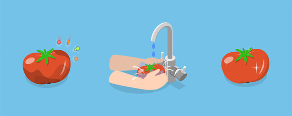 3D Isometric Flat Vector Conceptual Illustration of Vegetable and Frute Safety, Washing Food Before Eating