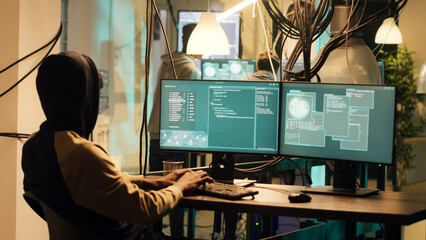Mysterious hacker breaking into pc system with trojan virus, gaining unauthorized network access....
