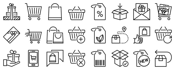 Line icons about gift shopping on transparent background with editable stroke.