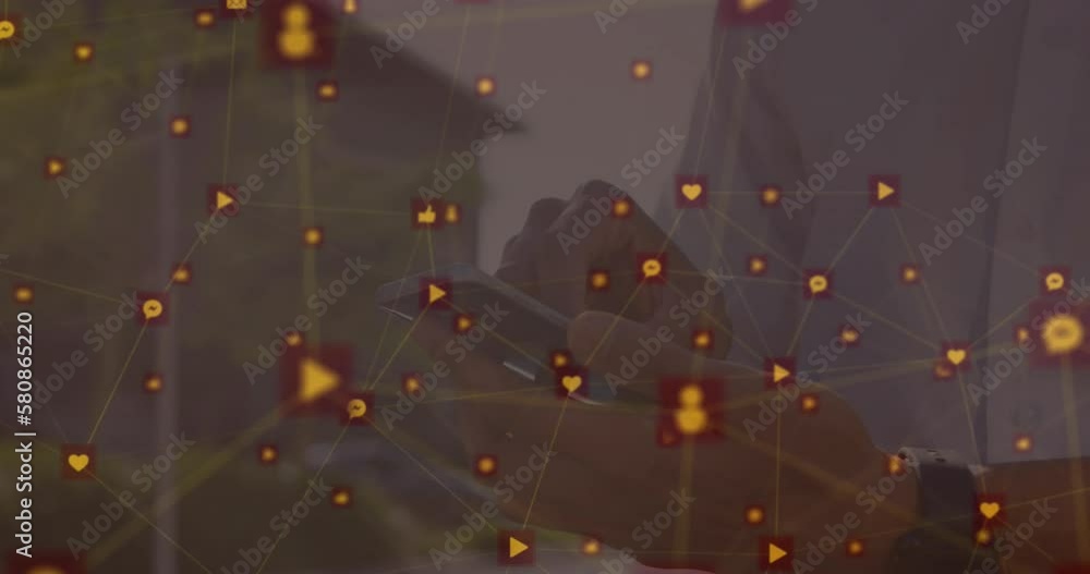 Poster animation of network of digital icons over mid section of a man using smartphone on street
