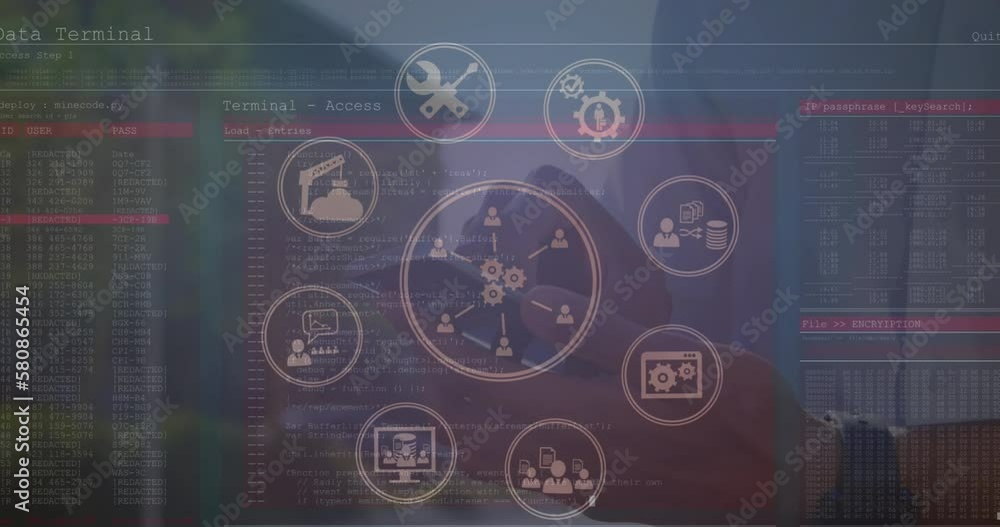 Aufkleber animation of digital icons and data processing mid section of a man using smartphone outdoors