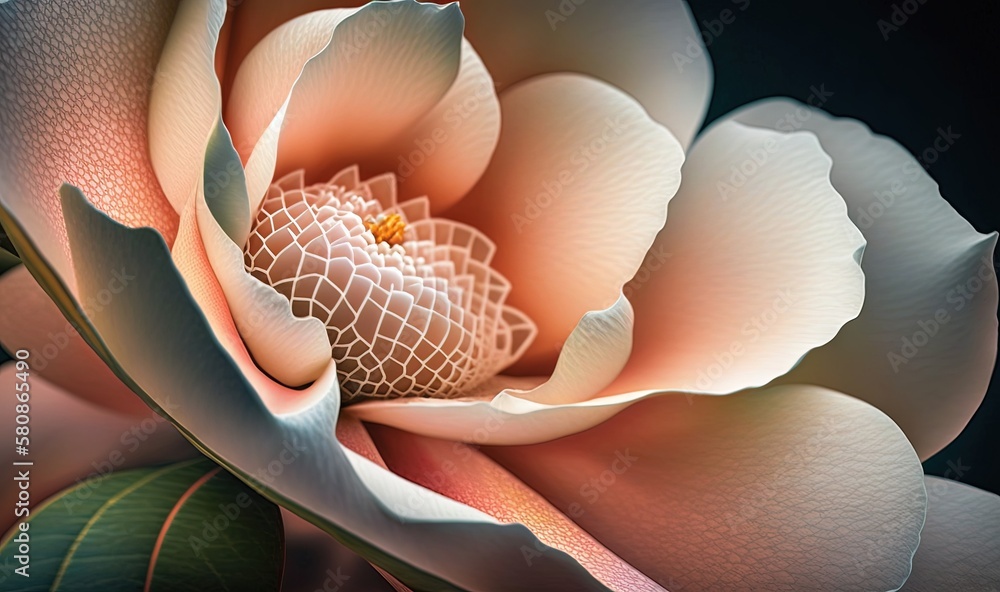 Poster a large white flower with a bug on it's center. generative ai
