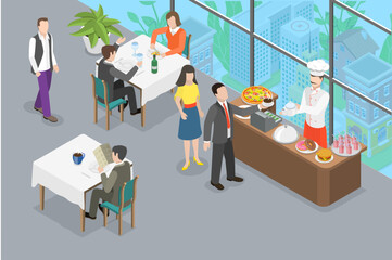 3D Isometric Flat Vector Conceptual Illustration of Lunch Break, Cafeteria or Kitchen Room