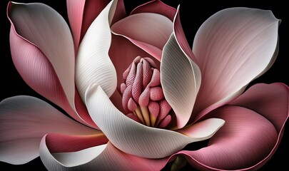 a pink and white flower on a black background with a black background.  generative ai