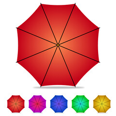 Full opened red color umbrella and tiny umbrellas flat clipart vector illustration