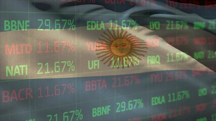 Animation of stock market data processing against waving argentina flag - Powered by Adobe