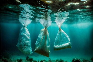 Digital image created by AI of plastic bags and garbage polluting the sea