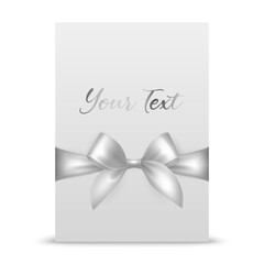 Vector 3d Realistic White Gift Ribbon and Bow with White Greeting Card Background. Bow Design Template, Concept for Birthday, Christmas Presents, Gifts, Invitation, Card, Gift Box. Holiday Decoration