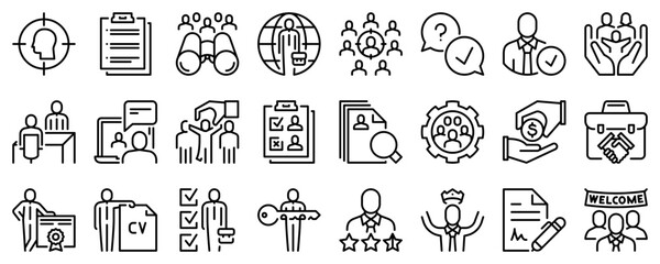 Line icons about headhunting on transparent background with editable stroke.
