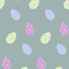 Easter seamless pattern with colorful Easter eggs in trendy pale shades. Happy Easter. Springtime.