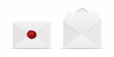 Vector Realistic White Closed Envelope with Red Wax Seal and Opened Envelope with Letter Inside. Folded and Unfolded White Envelope Icon Set Isolated. Message, Alert, Surprise, Secret Concept