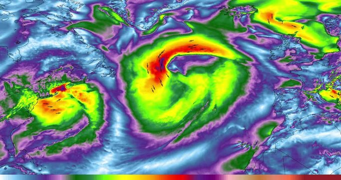 A storm in the Atlantic Ocean. The wind blows in circular patterns, indicating the formation of a low pressure system, also known as a hurricane or tropical storm.