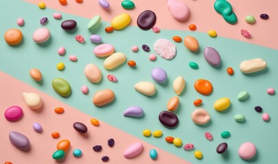  colorful candy candies scattered on a pastel colored background.  generative ai