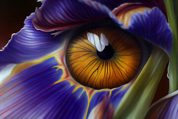 Unusual concept, close up high detail eye ball within iris flower