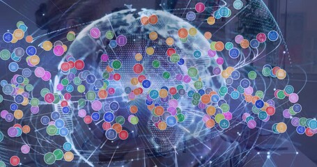 Animation of digital icons and globe over diverse businesspeople discussing together at office - Powered by Adobe