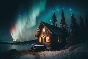 Warmly Lit Cabin During the Winter Under a Dark Sky with the Northern Lights (Aurora Borealis) and Stars (Generative AI)