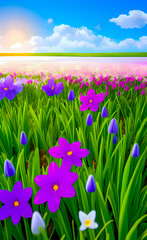 Fototapeta na wymiar Spring landscape with flowers. Bright spring flowers - natural floral background. AI-generated digital illustration