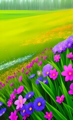 Spring flower landscape. Bright spring flowers - natural floral background. AI-generated digital illustration