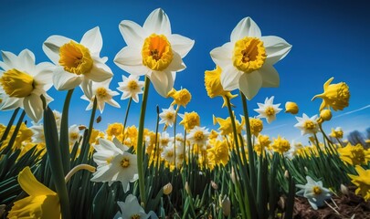 Fototapeta premium a field of yellow and white flowers under a blue sky. generative ai
