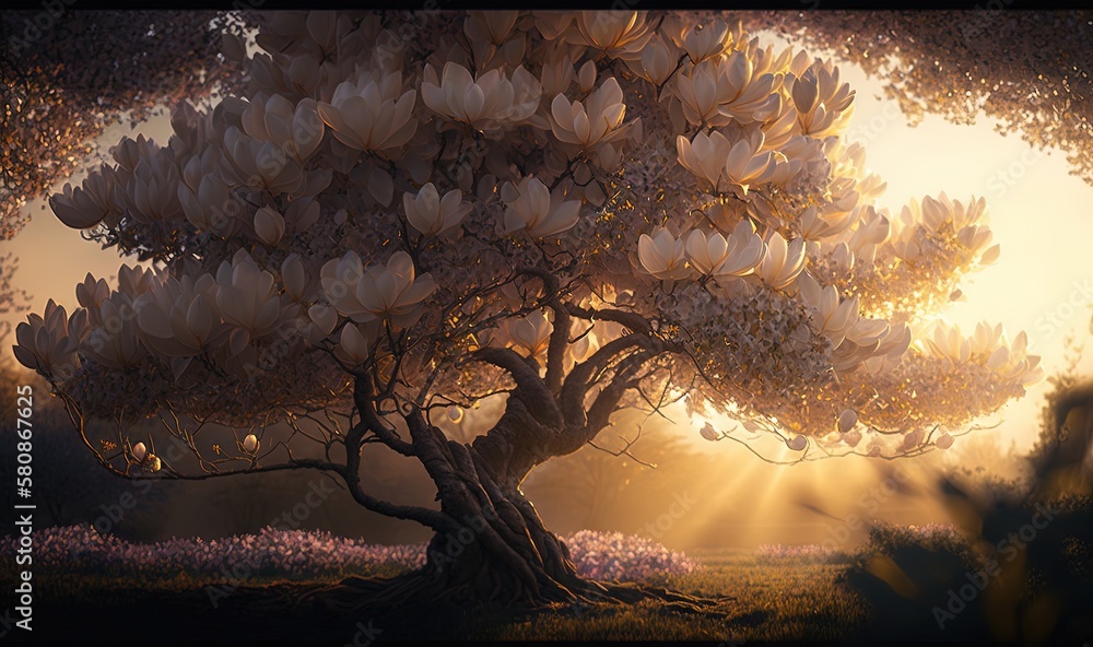 Poster a painting of a tree in the middle of a field. generative ai