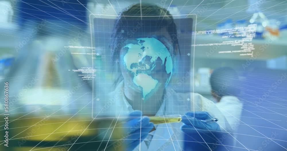 Poster animation of data processing over biracial female scientist in laboratory