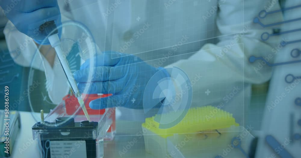 Poster animation of data processing over scientist in laboratory
