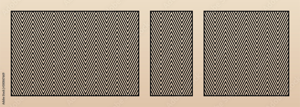 Poster Laser cut patterns. Vector set with abstract geometric lines, zigzag, chevron. Modern geometry. Decorative stencil for laser cutting of wood, metal, plastic, paper. Aspect ratio 3:2, 1:2, 1:1