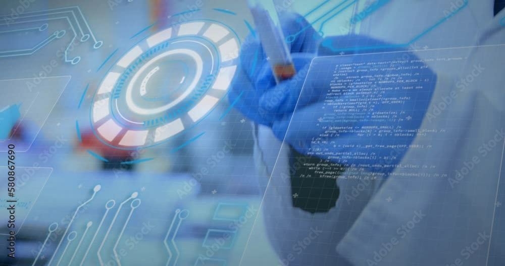 Poster animation of data processing over scientist in laboratory