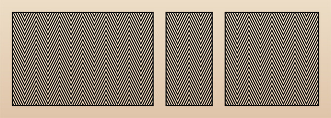 Laser cut patterns. Vector set with abstract geometric lines, zigzag, chevron. Modern geometry. Decorative stencil for laser cutting of wood, metal, plastic, paper. Aspect ratio 3:2, 1:2, 1:1