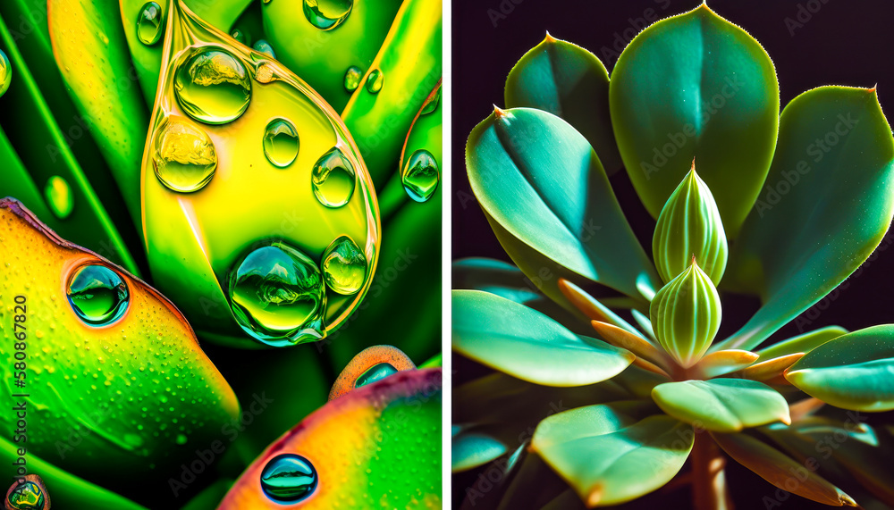 Poster two images of plants with water droplets on them. greener practices with colors reflecting nature. g