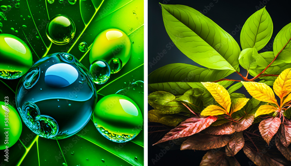 Aufkleber three images of leaves with water droplets on them. greener practices with colors reflecting nature.