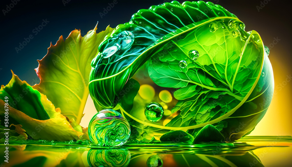 Poster close up of green cabbage with water droplets. greener practices with colors reflecting nature. gene