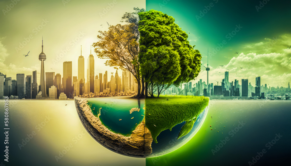 Aufkleber two halves of the earth with trees and city in the background. the challenge of adopting change to a