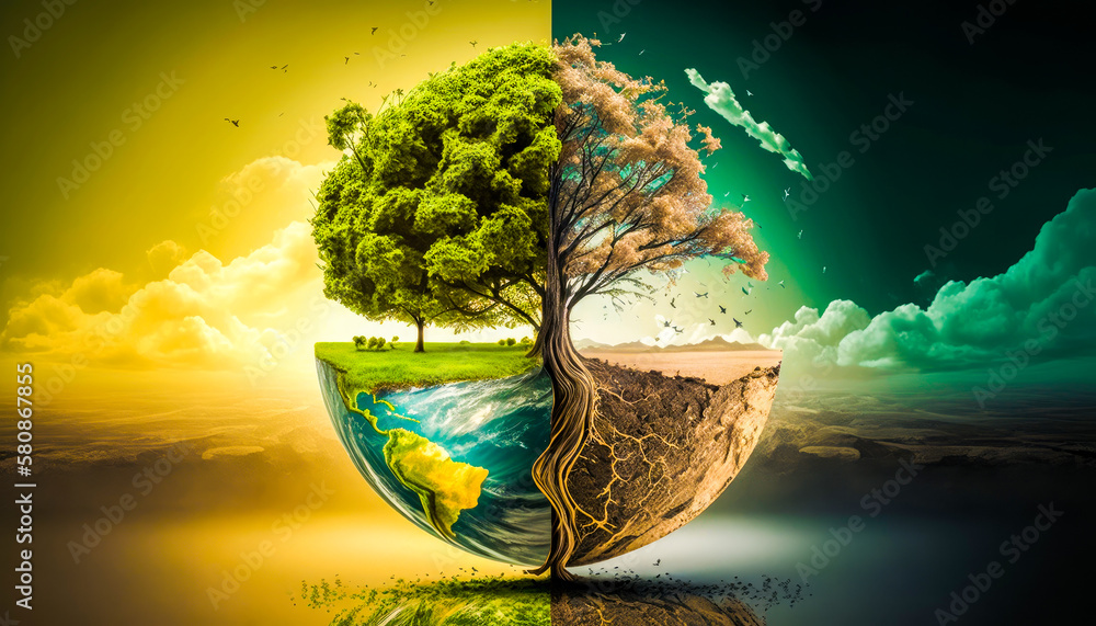 Aufkleber two halves of the earth with tree in the middle. the challenge of adopting change to address climate